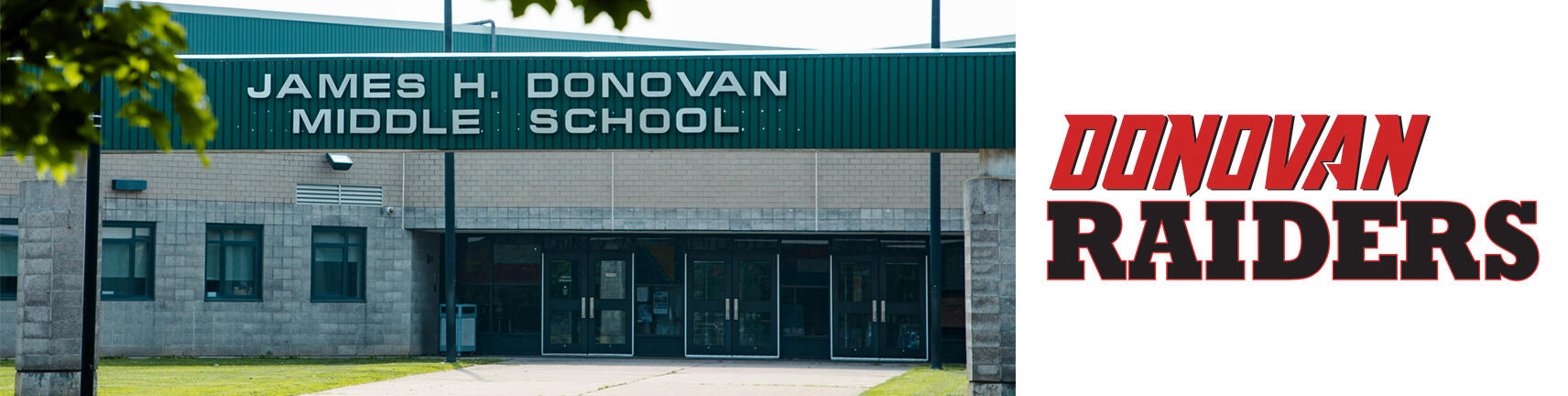 Фотография здания школы Донована и логотип Donovan Raiders