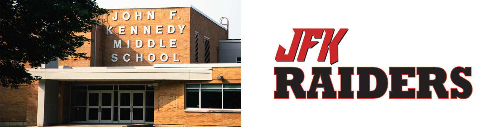 Изображение здания школы JFK и логотипа JFK Raiders